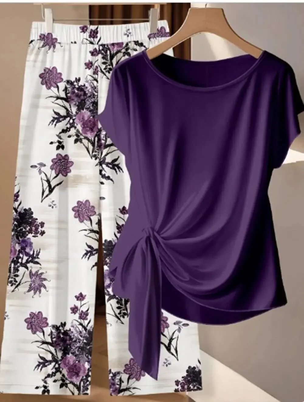 Purple Floral 2 Piece Pant Set Side Tie Top Wide Leg Pants